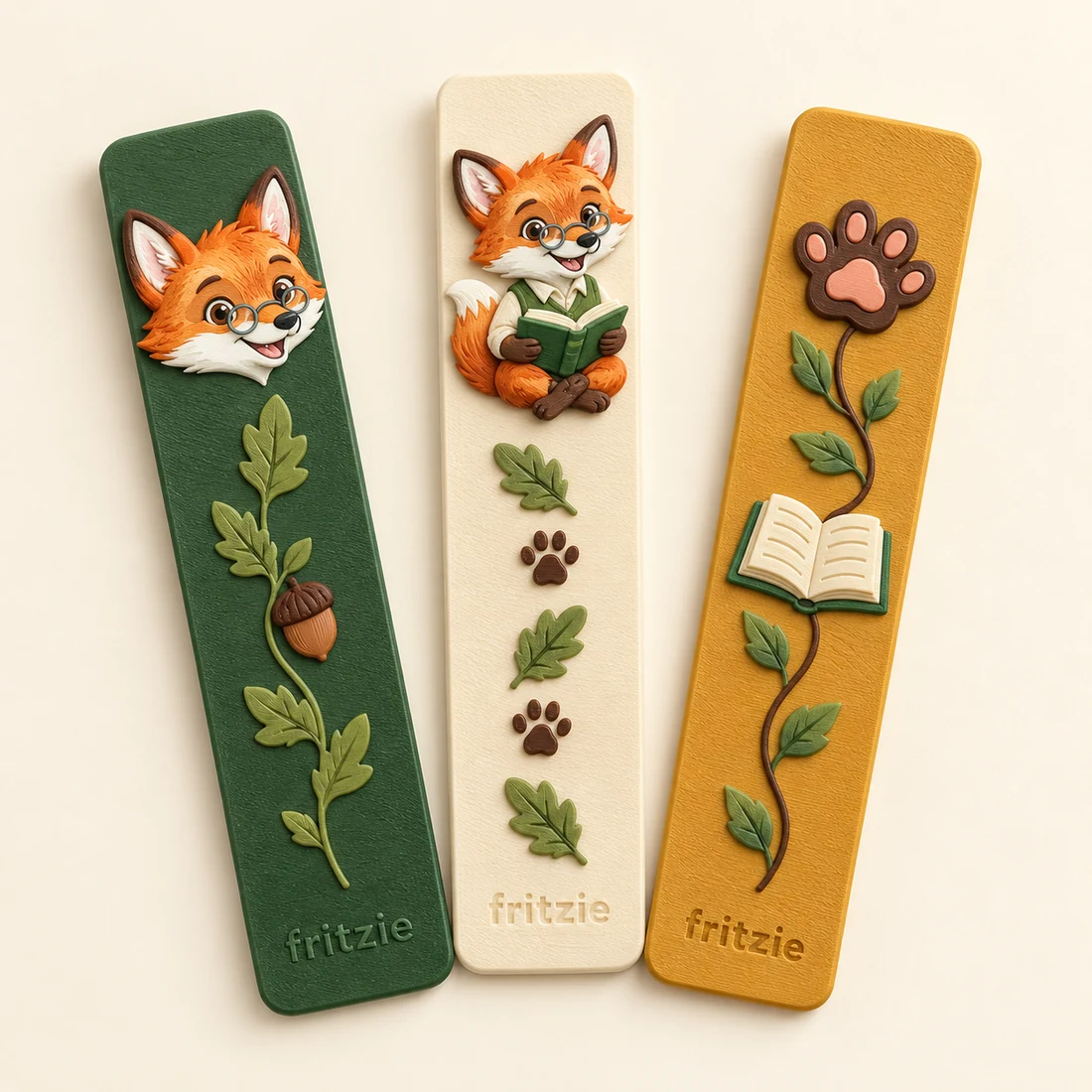 Set of three 3D printed woodland bookmarks in forest green, cream and gold.