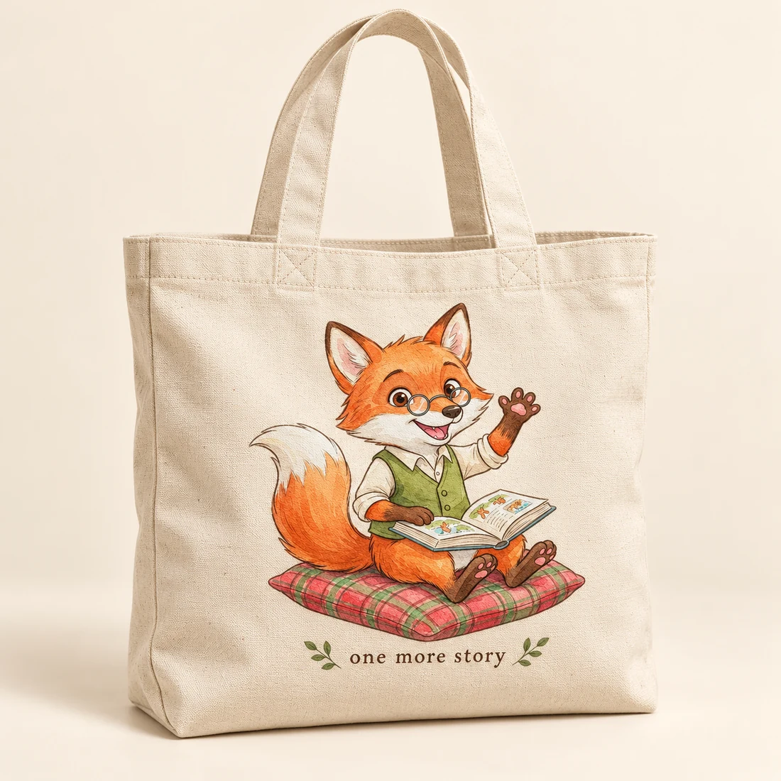 Cream canvas library tote with UV printed Fritzie artwork on the front.