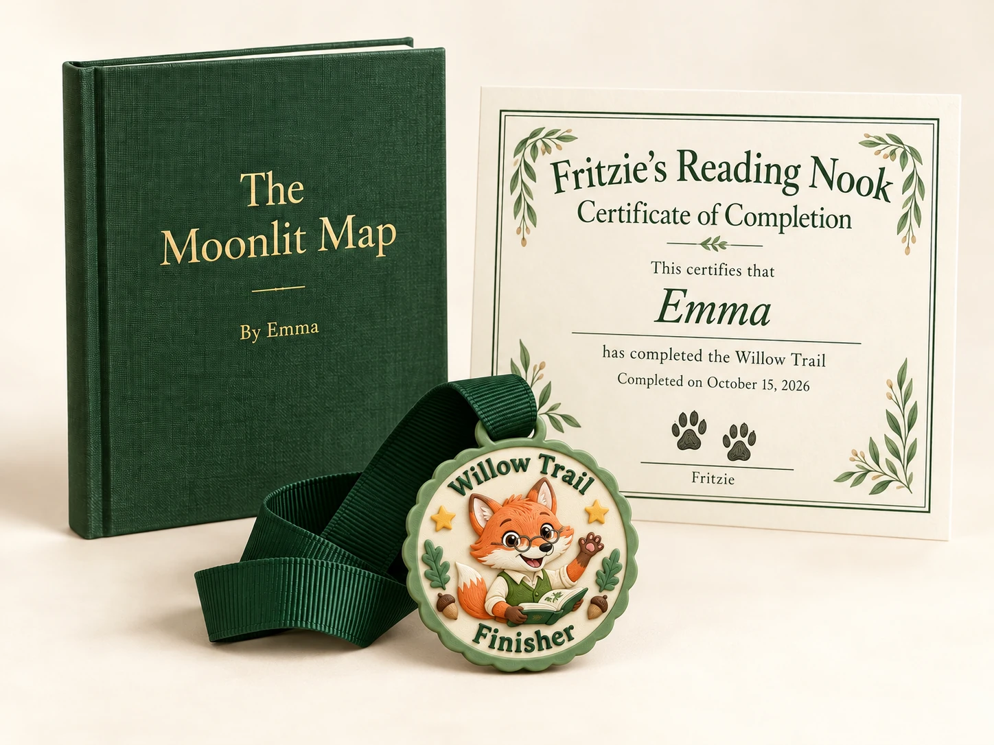 Example Finisher Bundle personalized for Willow Trail, with a green hardcover, dated diploma signed with Fritzie’s paw prints and a 3D printed Fritzie medal.
