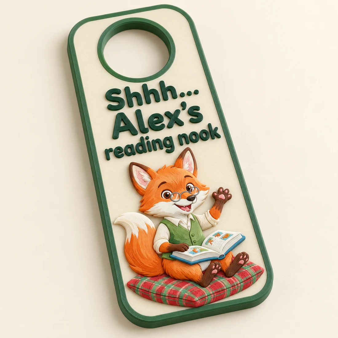 Example 3D printed reading nook door sign personalized for Alex, with raised lettering and Fritzie.