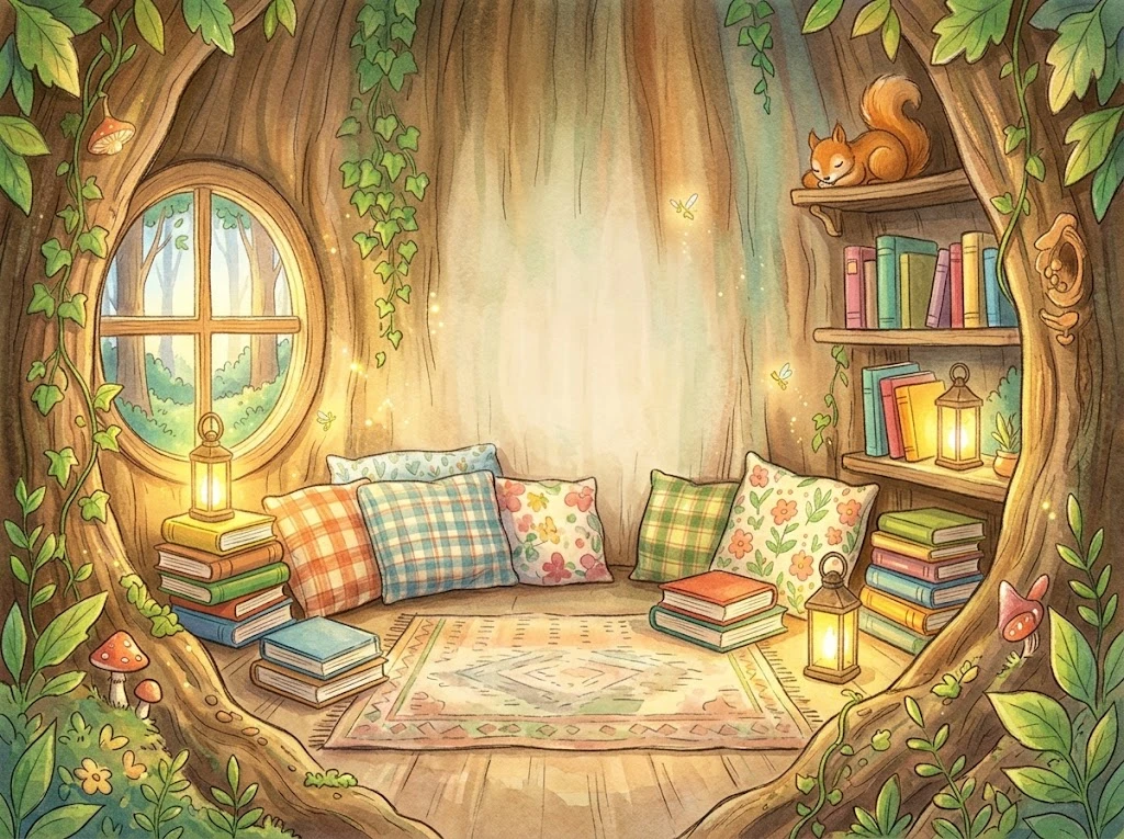 A reading nook inside a woodland tree, with books and warm lantern light.