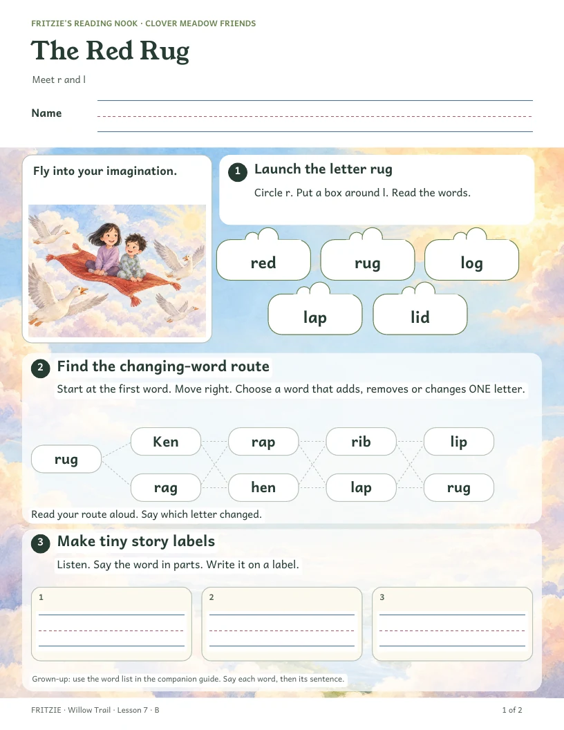 First page of The Red Rug, with story illustrations and reading activities.