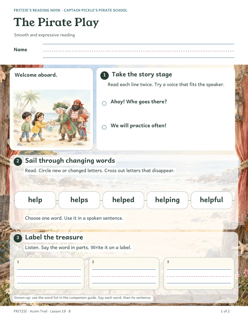 First page of The Pirate Play, with story illustrations and reading activities.