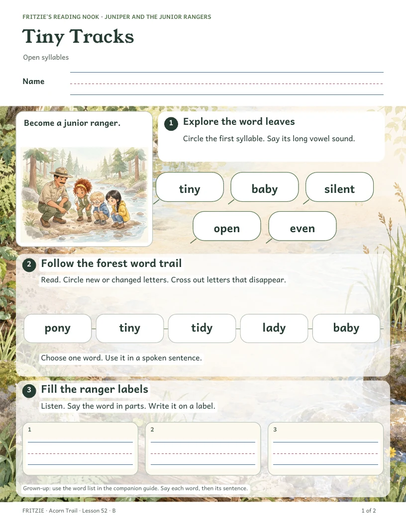 First page of Tiny Tracks, with story illustrations and reading activities.