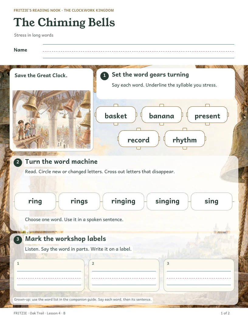 First page of The Chiming Bells, with story illustrations and reading activities.